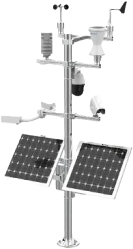 Solar-powered automatic weather station mast with wind, temperature, humidity and camera sensors