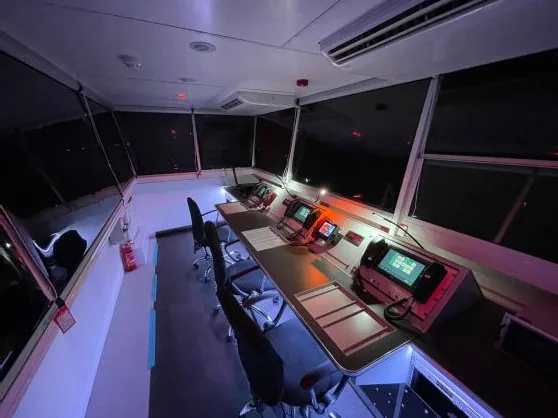Interior of a mobile ATC tower cab with controller positions